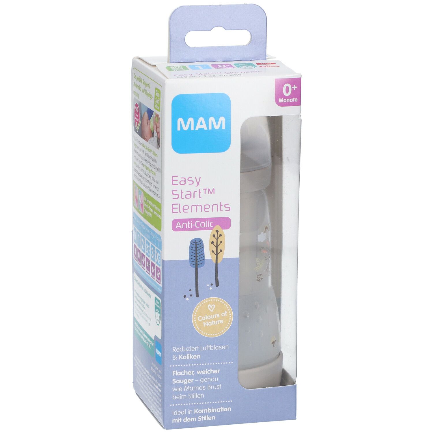 Babyfles in verpakking. Zichtbaar: MAM Easy Start Elements Anti-Colic, 0+ maanden.