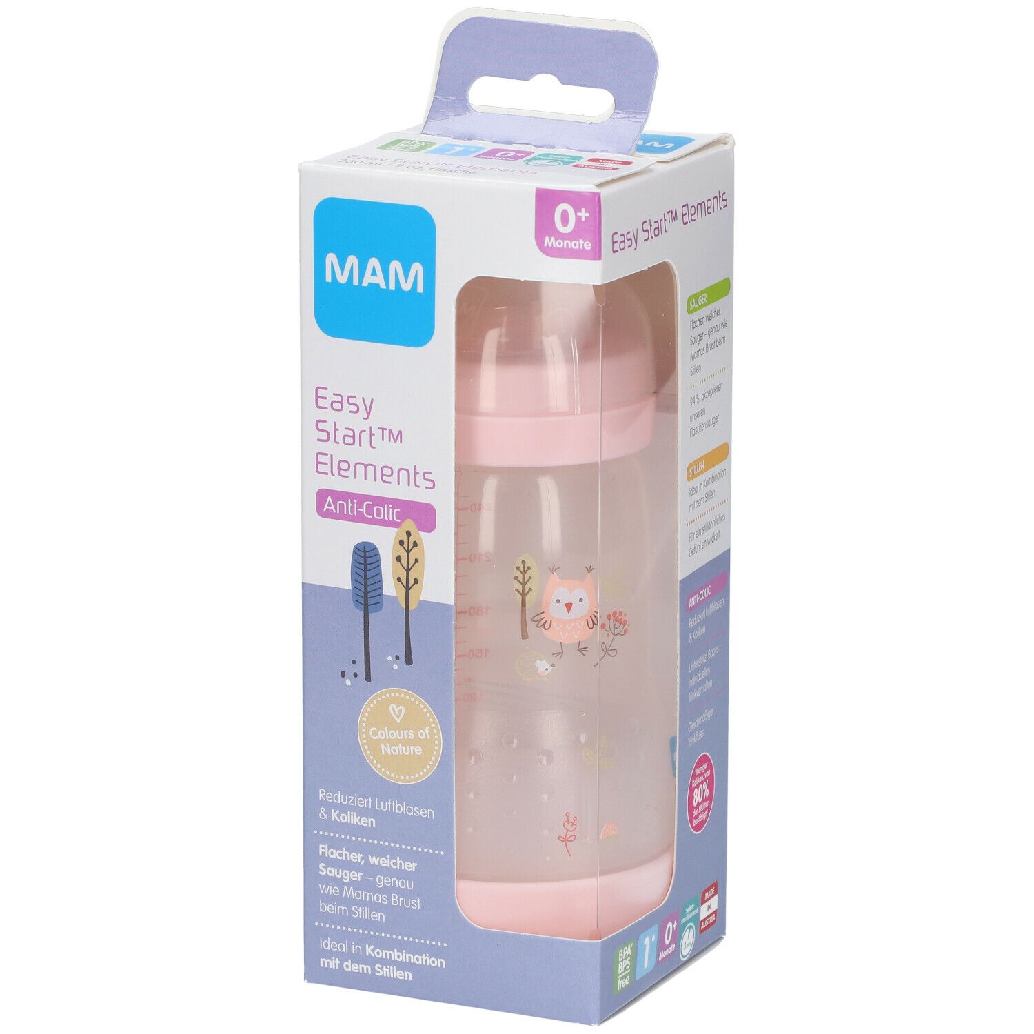 MAM Easy Start™ Anti-Colic fles in verpakking. Roze fles met motief. Zichtbaar: 0+ maanden, Anti-Colic.