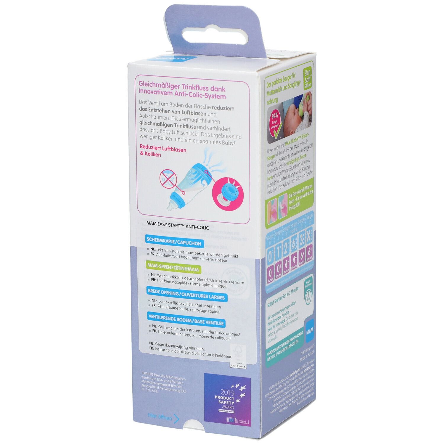 Zijkant van de verpakking van de MAM Easy Start™ Anti-Colic fles. Tekst en afbeeldingen. Zichtbaar: Anti-Colic systeem, MAM logo.