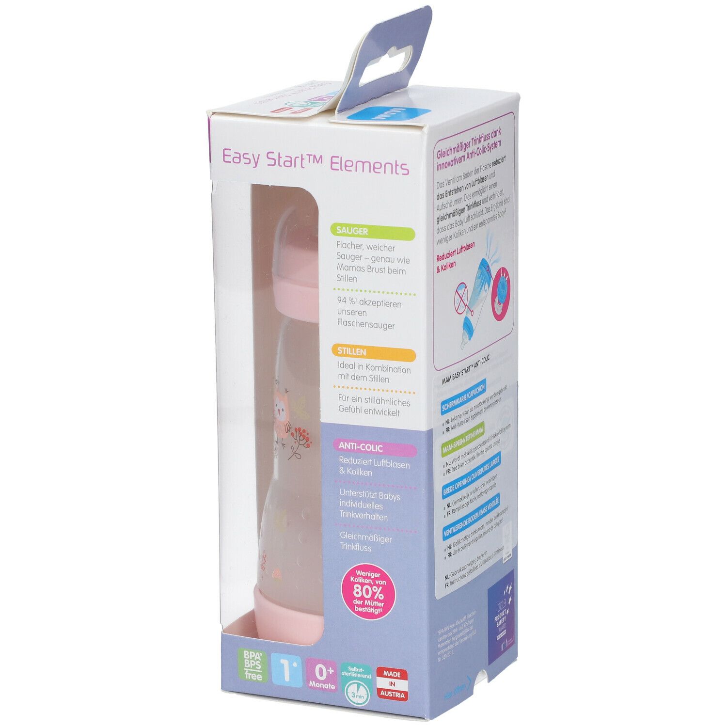 MAM Easy Start™ Anti-Colic fles in verpakking. Roze fles. Zichtbaar: 1+ maand, Anti-Colic, MAM logo.