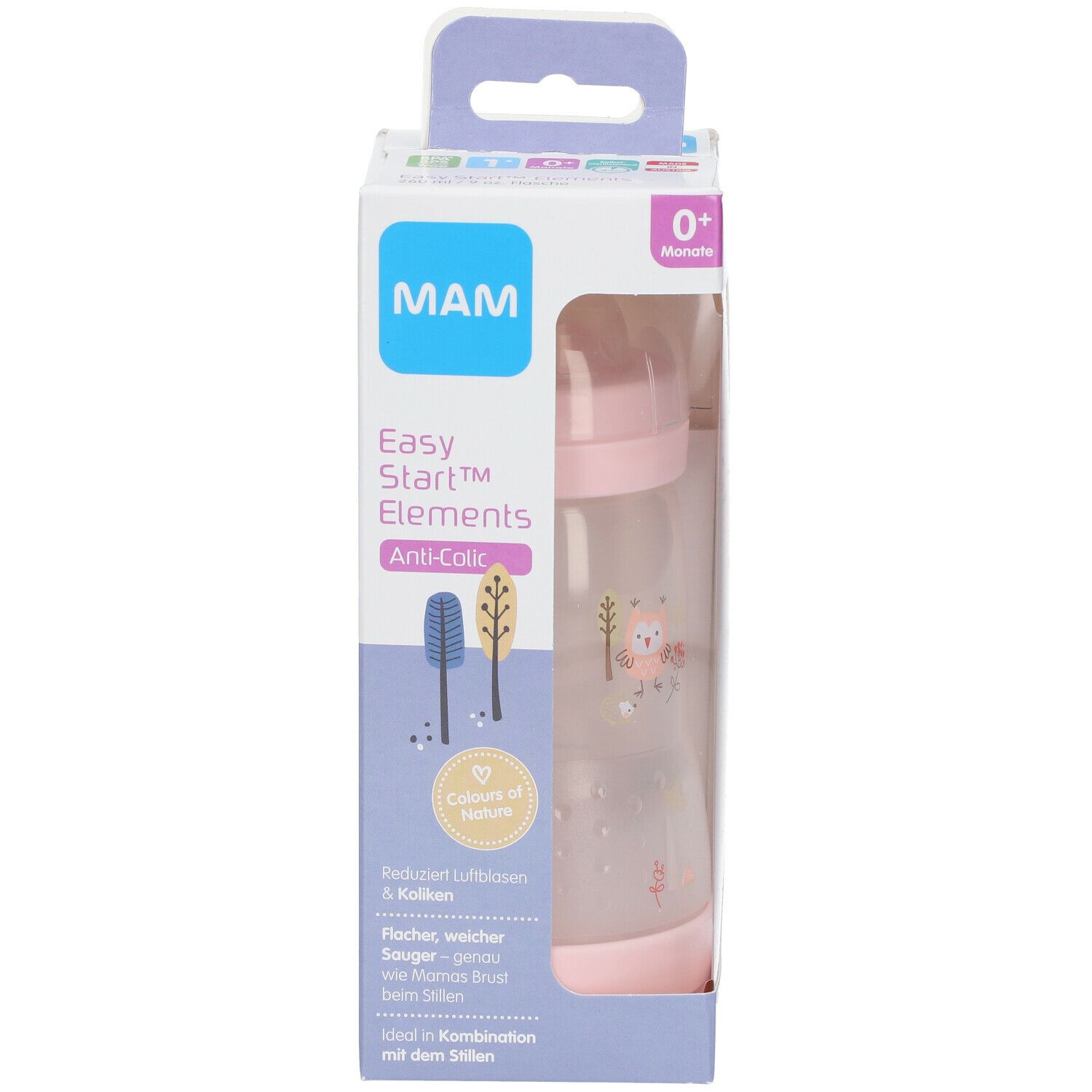 MAM Easy Start™ Anti-Colic fles in verpakking. Roze fles met motief. Zichtbaar: 0+ maanden, Anti-Colic.
