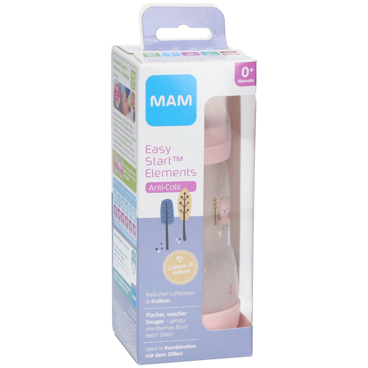 MAM Easy Start™ Anti-Colic fles in verpakking. Roze fles met motief. Zichtbaar: 0+ maanden, Anti-Colic.