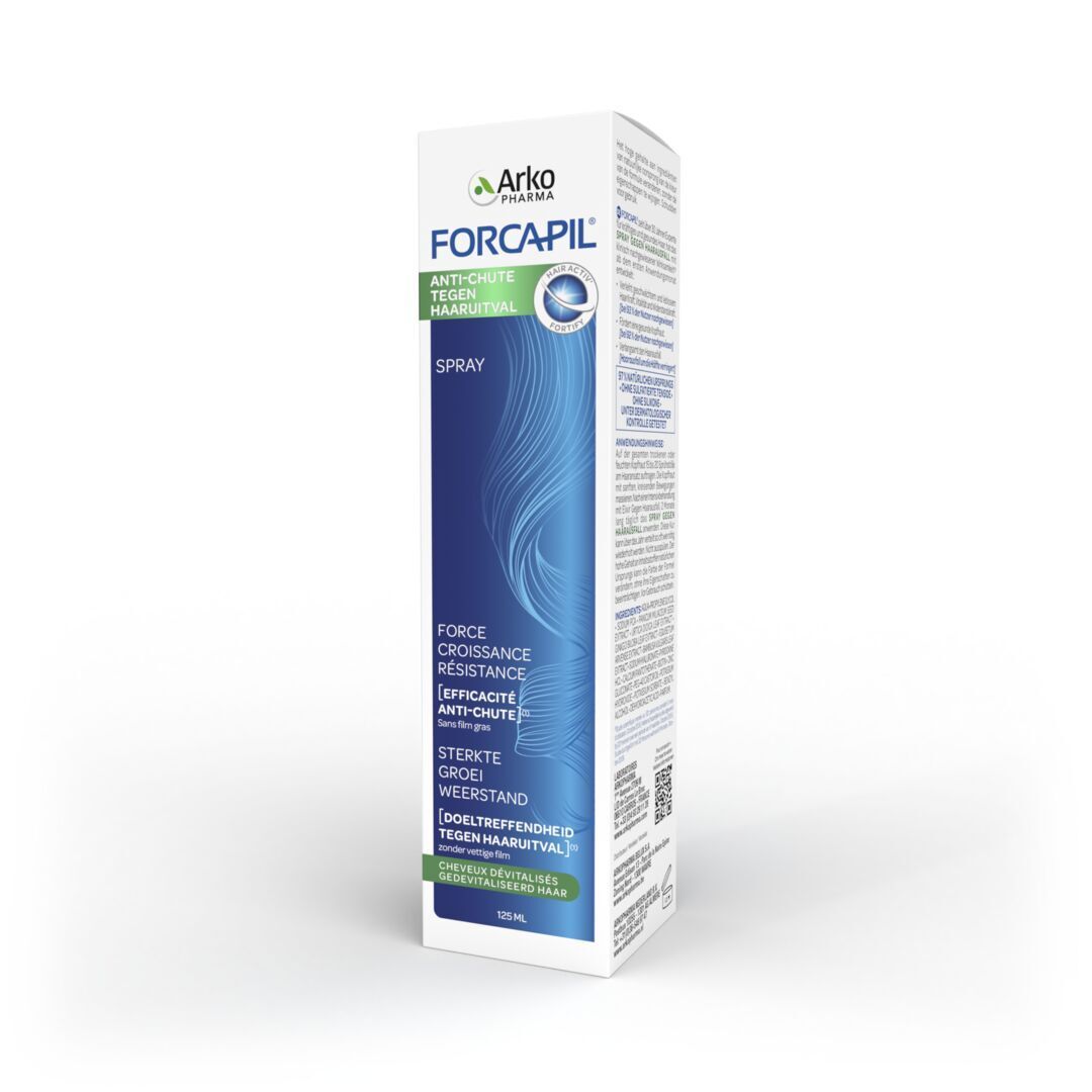 Produktverpackung. Aufschrift FORCAPIL Anti-Haarausfall Spray. Mit Zertifizierung.