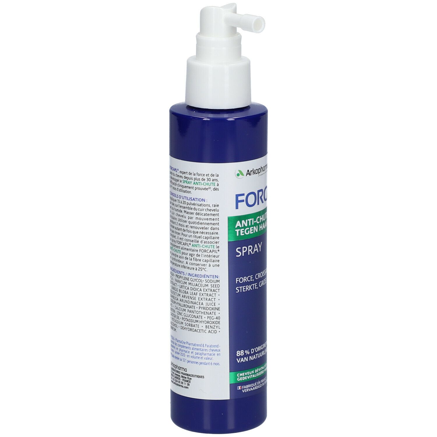 Blauwe Sprayflasche mit weißem Sprühkopf. Aufschrift FORCAPIL Anti-Haarausfall Spray. Rückseite mit Text.