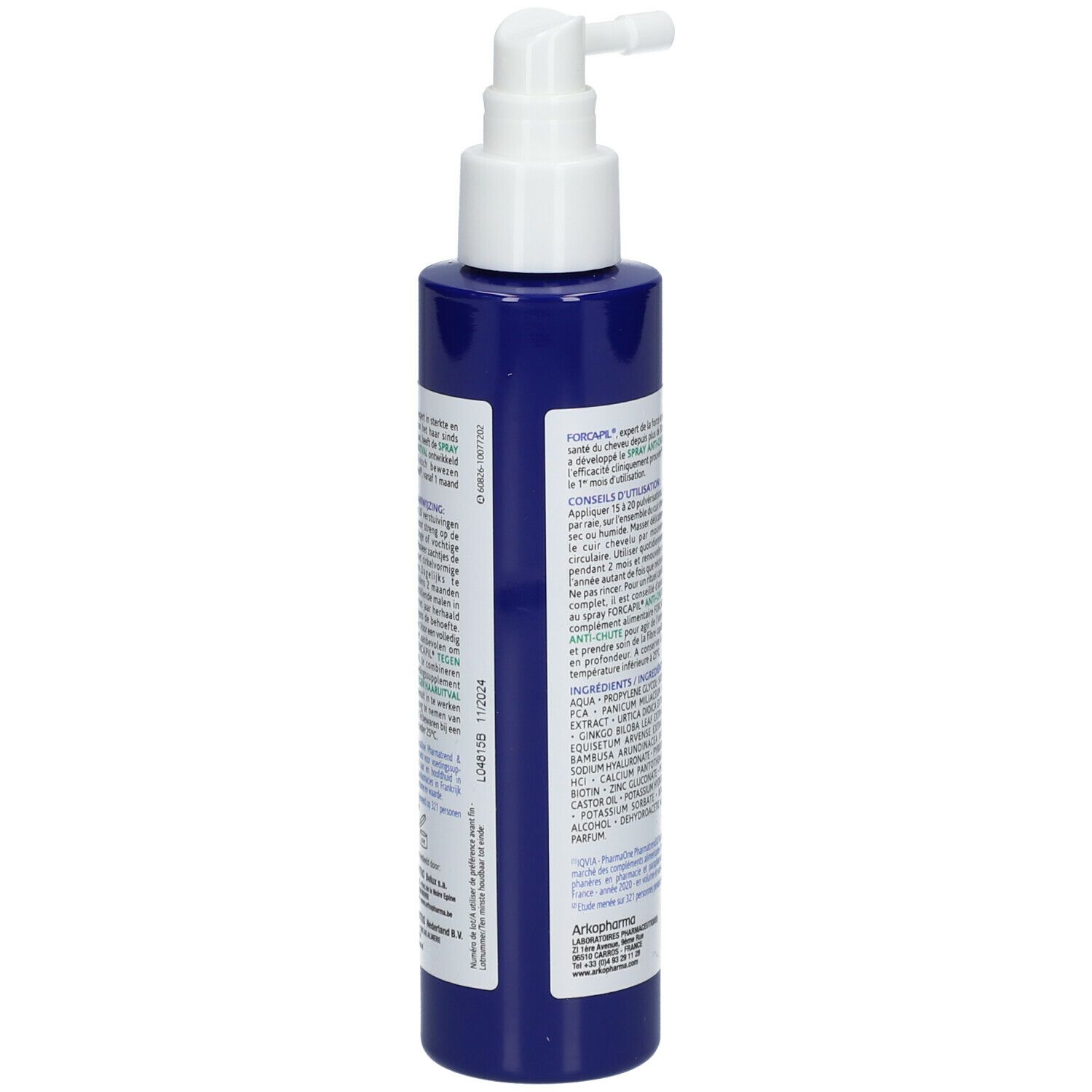 Blauwe Sprayflasche mit weißem Sprühkopf. Aufschrift FORCAPIL Anti-Haarausfall Spray. Rückseite mit Text.