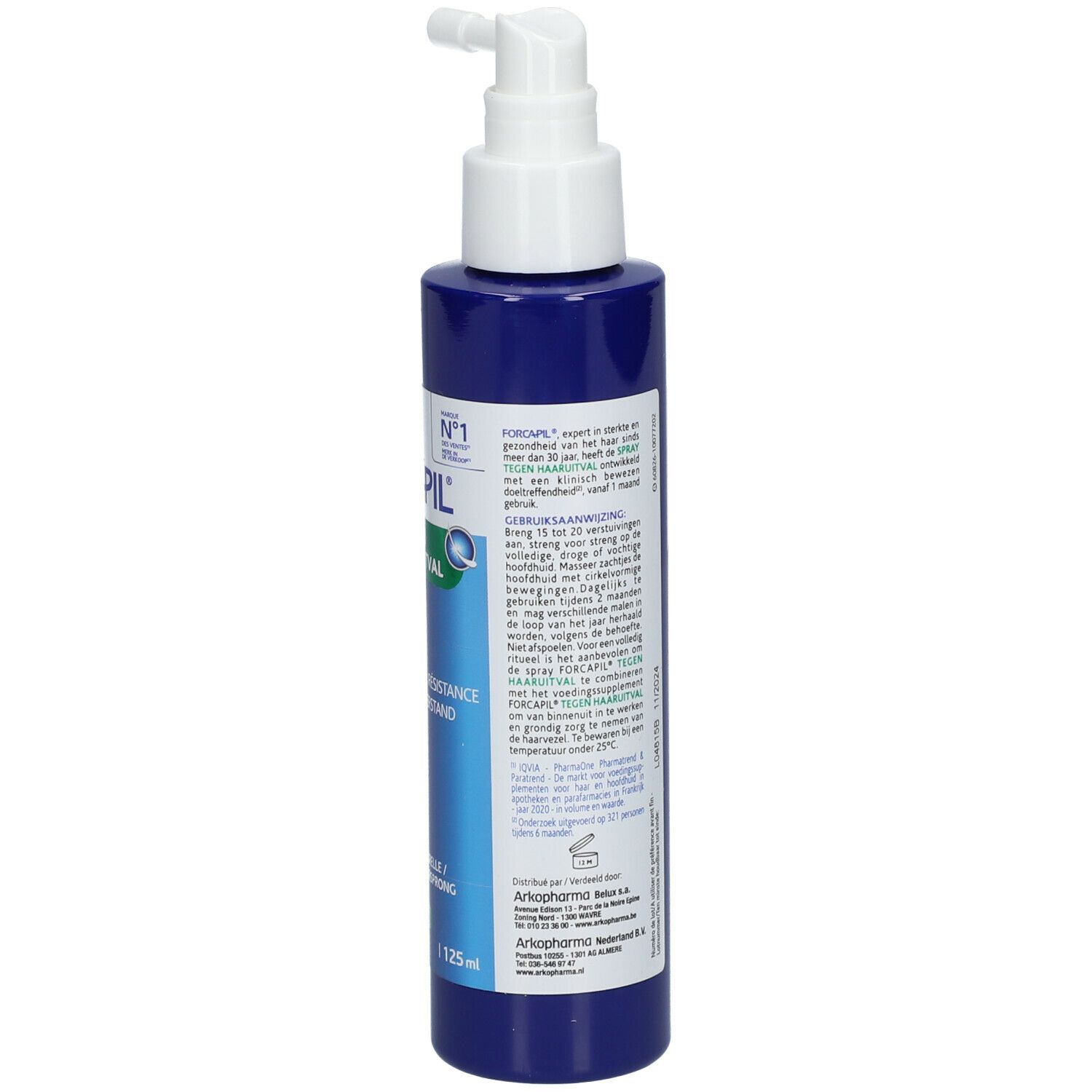 Blauwe Sprayflasche mit weißem Sprühkopf. Aufschrift FORCAPIL Anti-Haarausfall Spray. Rückseite mit Text.