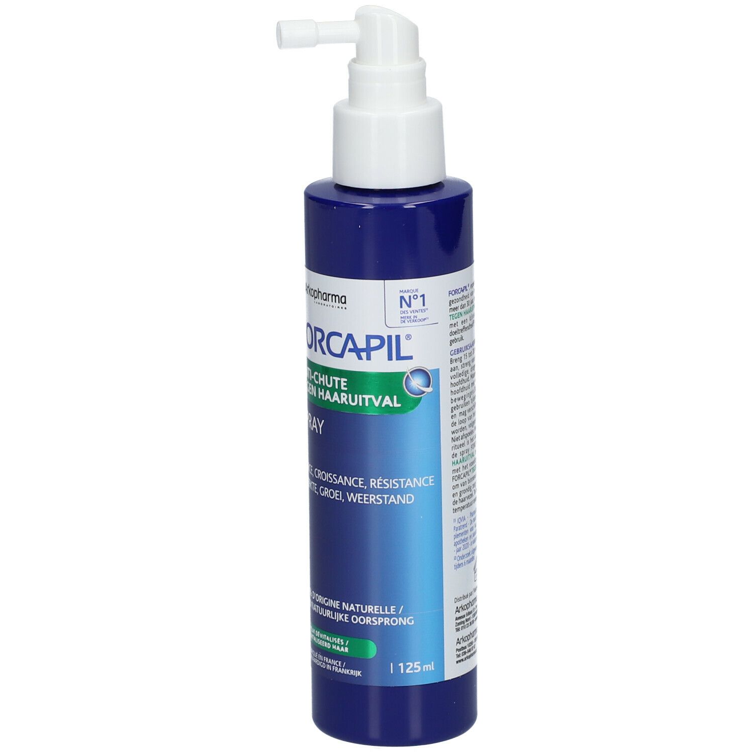Blauwe Sprayflasche mit weißem Sprühkopf. Aufschrift FORCAPIL Anti-Haarausfall Spray. Mit Zertifizierung.