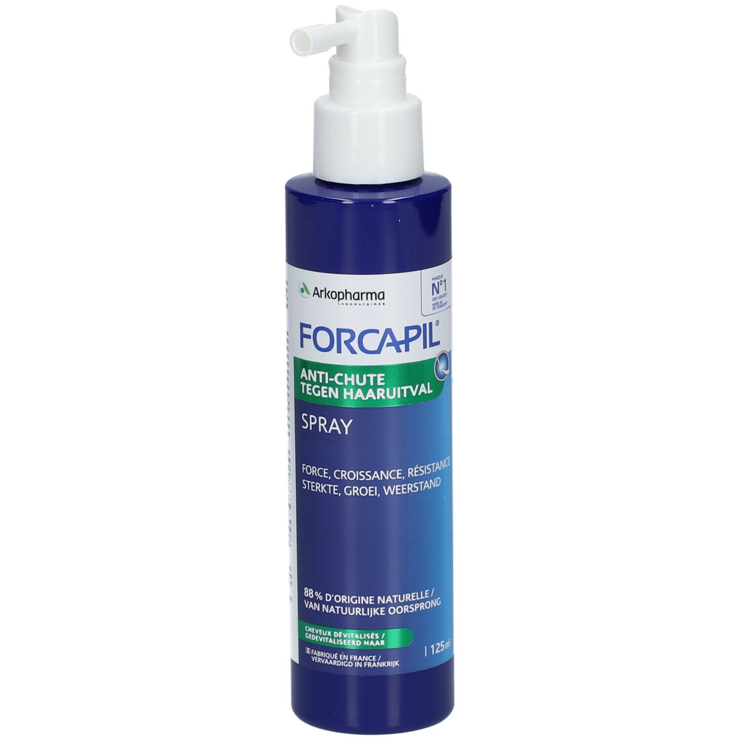 Blauwe Sprayflasche mit weißem Sprühkopf. Aufschrift FORCAPIL Anti-Haarausfall Spray. Mit Zertifizierung.