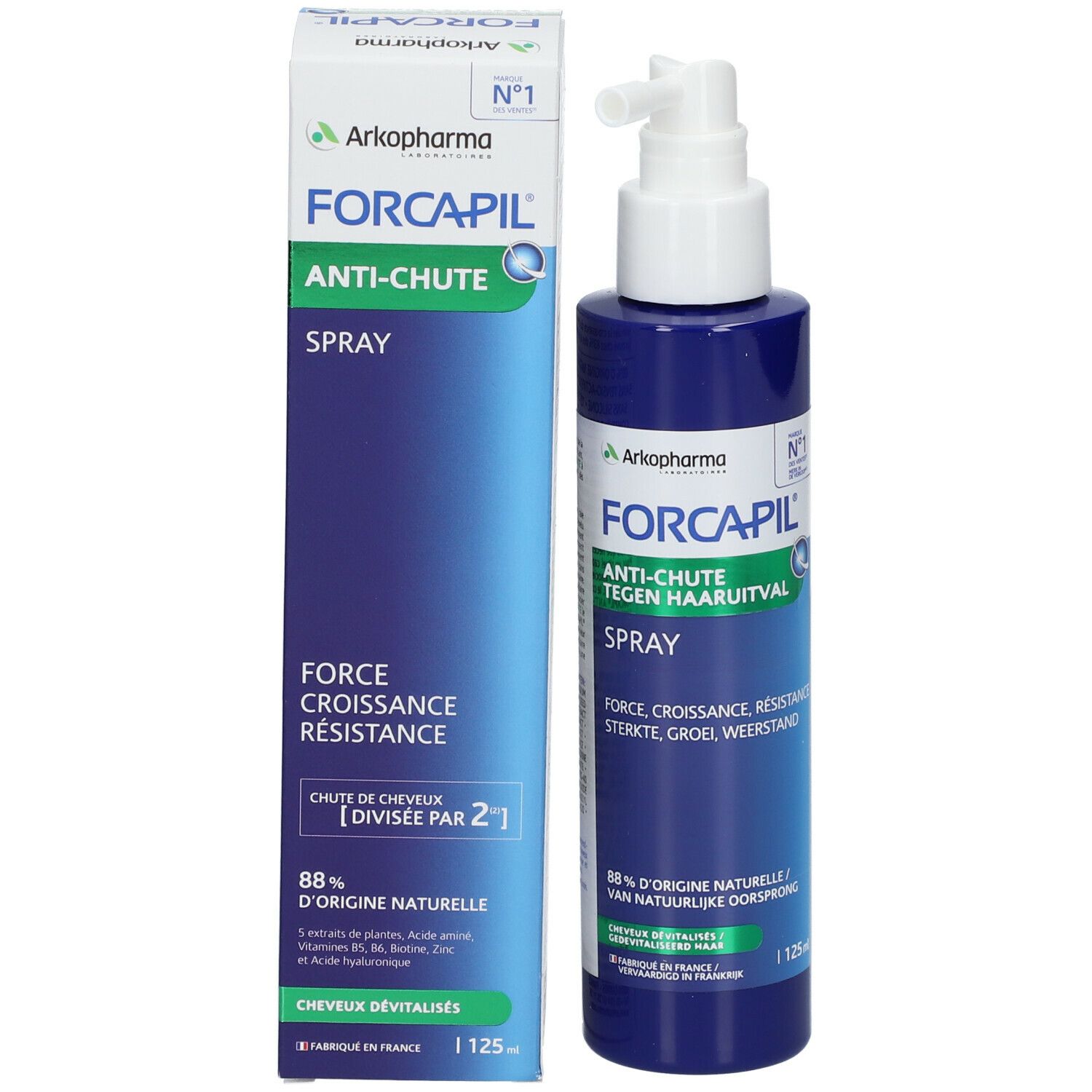 Produktverpackung und Sprayflasche. Aufschrift FORCAPIL Anti-Haarausfall Spray. Mit Zertifizierung.