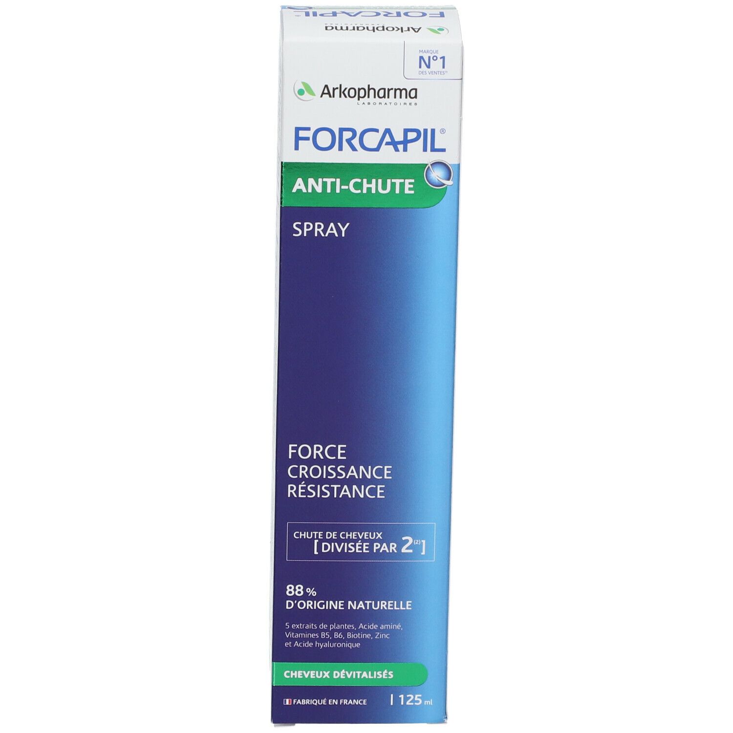 Produktverpackung. Aufschrift FORCAPIL Anti-Haarausfall Spray. Mit Zertifizierung.