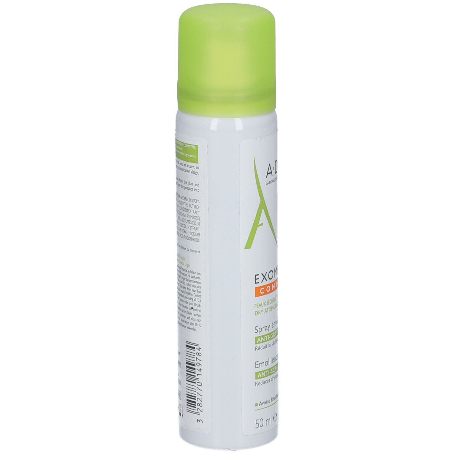 A-DERMA EXOMEGA CONTROL spray. Achterkant van de witte spuitfles met tekst. Groene dop.