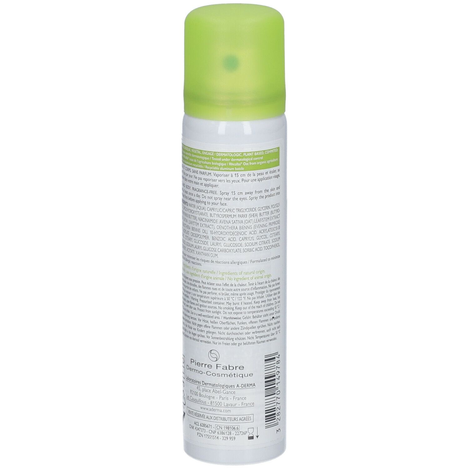 A-DERMA EXOMEGA CONTROL spray. Achterkant van de witte spuitfles met tekst. Groene dop.