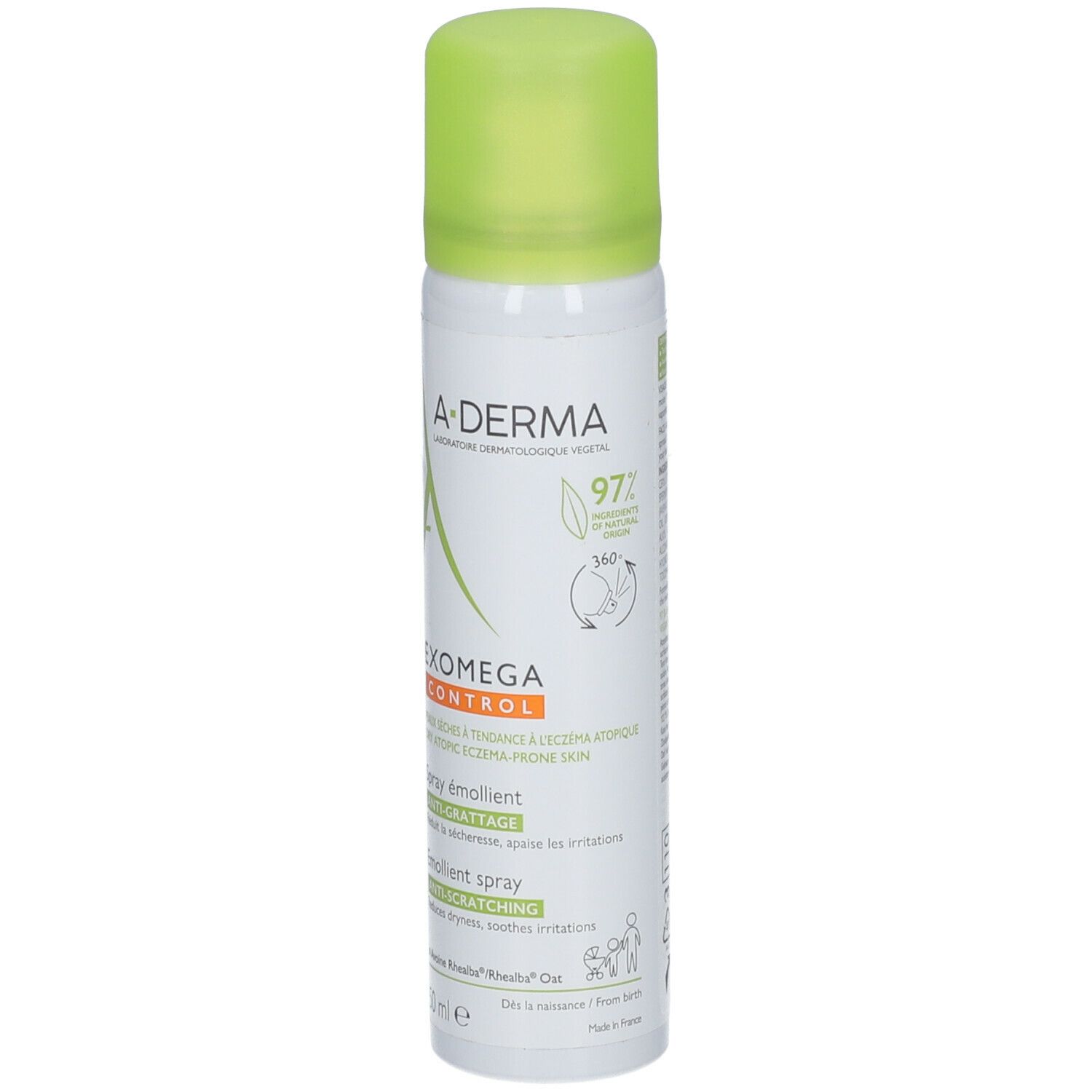 A-DERMA EXOMEGA CONTROL spray. Witte spuitfles met groene dop. Productnamen en logo's zijn gedrukt.