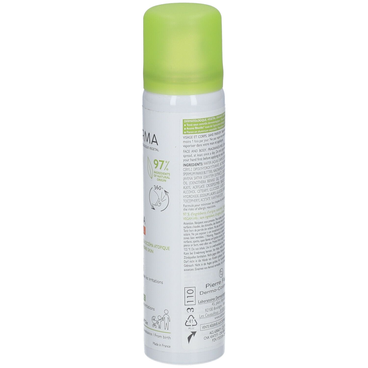 A-DERMA EXOMEGA CONTROL spray. Achterkant van de witte spuitfles met tekst. Groene dop.
