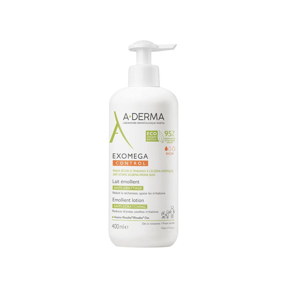 Witte fles A-DERMA EXOMEGA CONTROL met pomp. Opschriften en logo's.