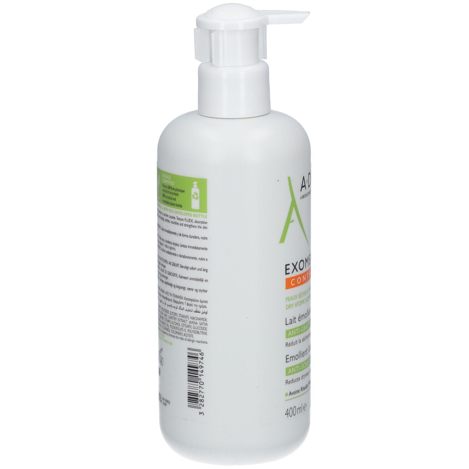 Achterkant van de A-DERMA EXOMEGA CONTROL fles. Tekst en logo's.