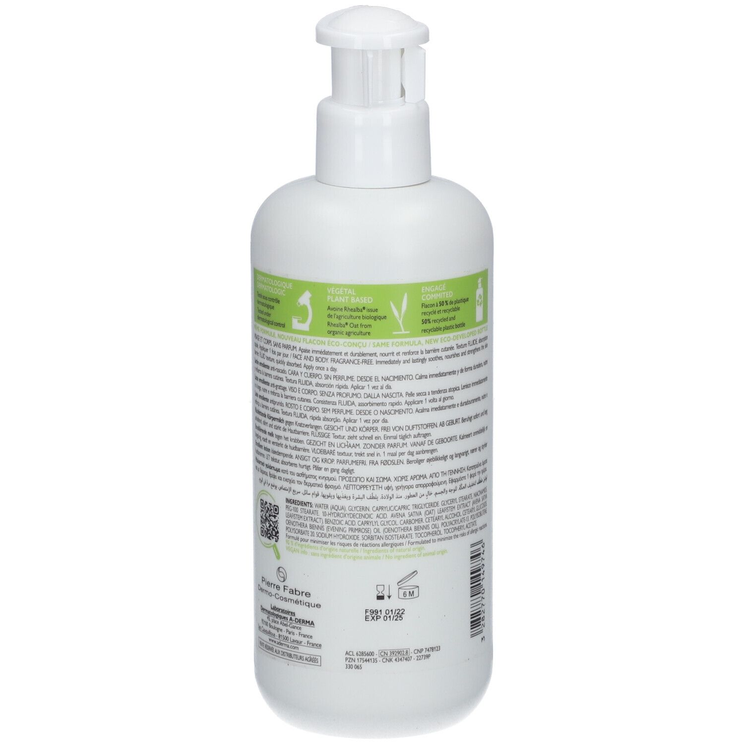 Achterkant van de A-DERMA EXOMEGA CONTROL fles. Tekst en logo's.