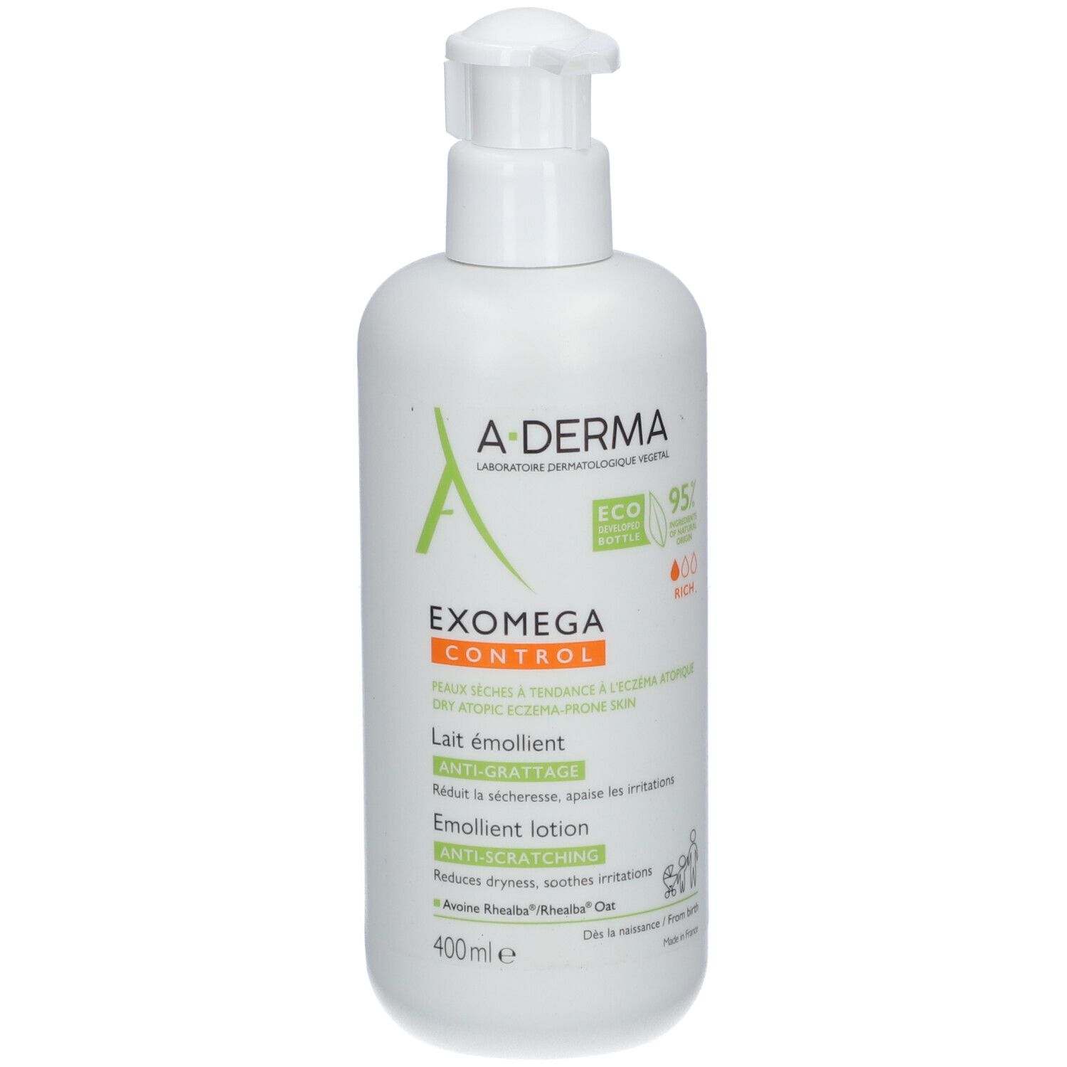 Witte fles A-DERMA EXOMEGA CONTROL met pomp. Opschriften en logo's.