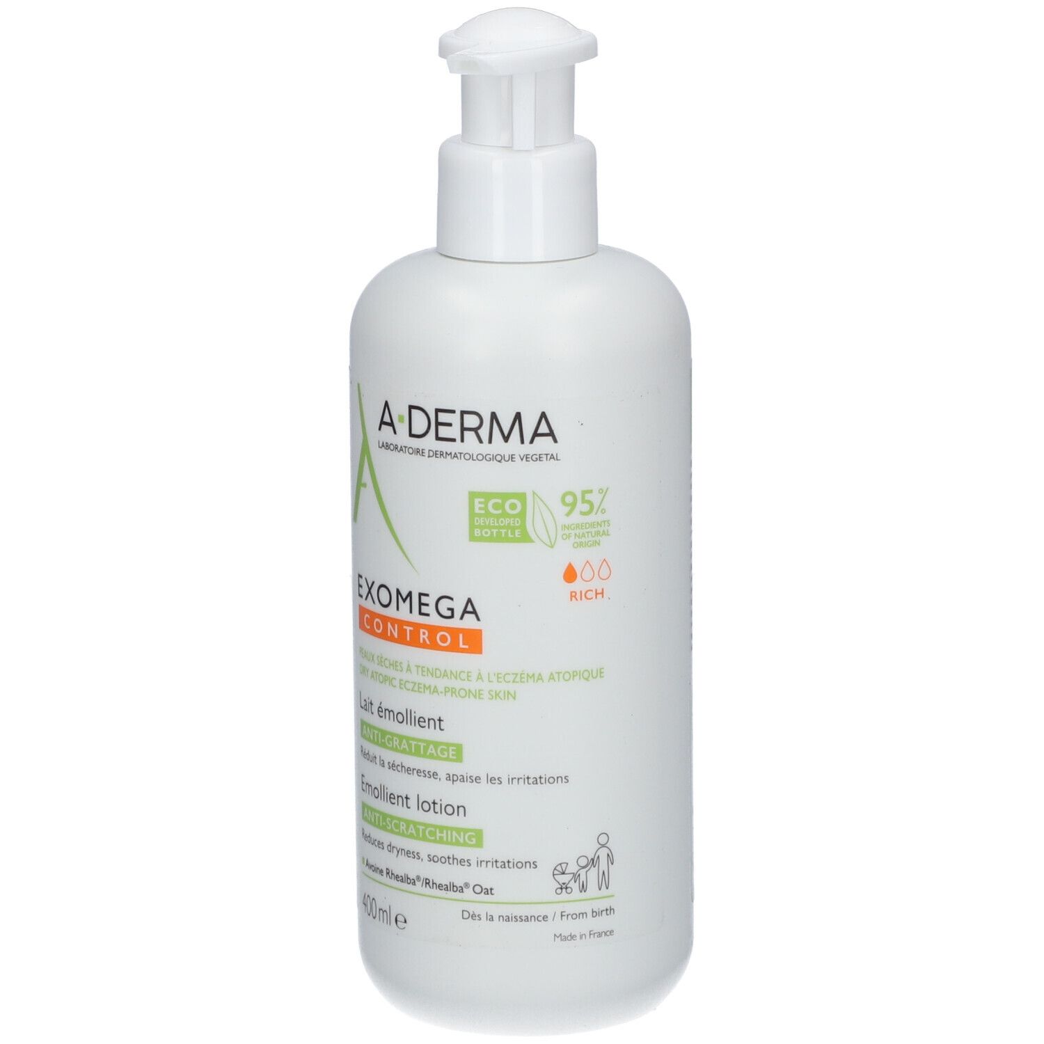 Witte fles A-DERMA EXOMEGA CONTROL met pomp. Opschriften en logo's.