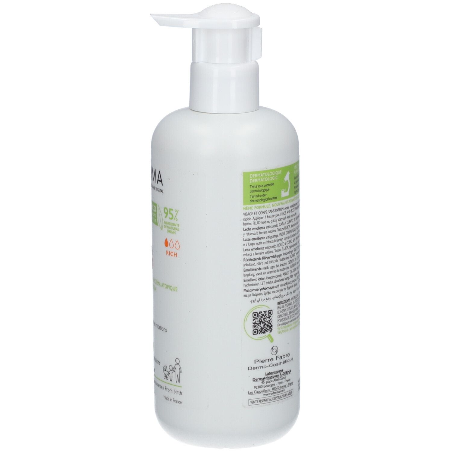 Achterkant van de A-DERMA EXOMEGA CONTROL fles. Tekst en logo's.