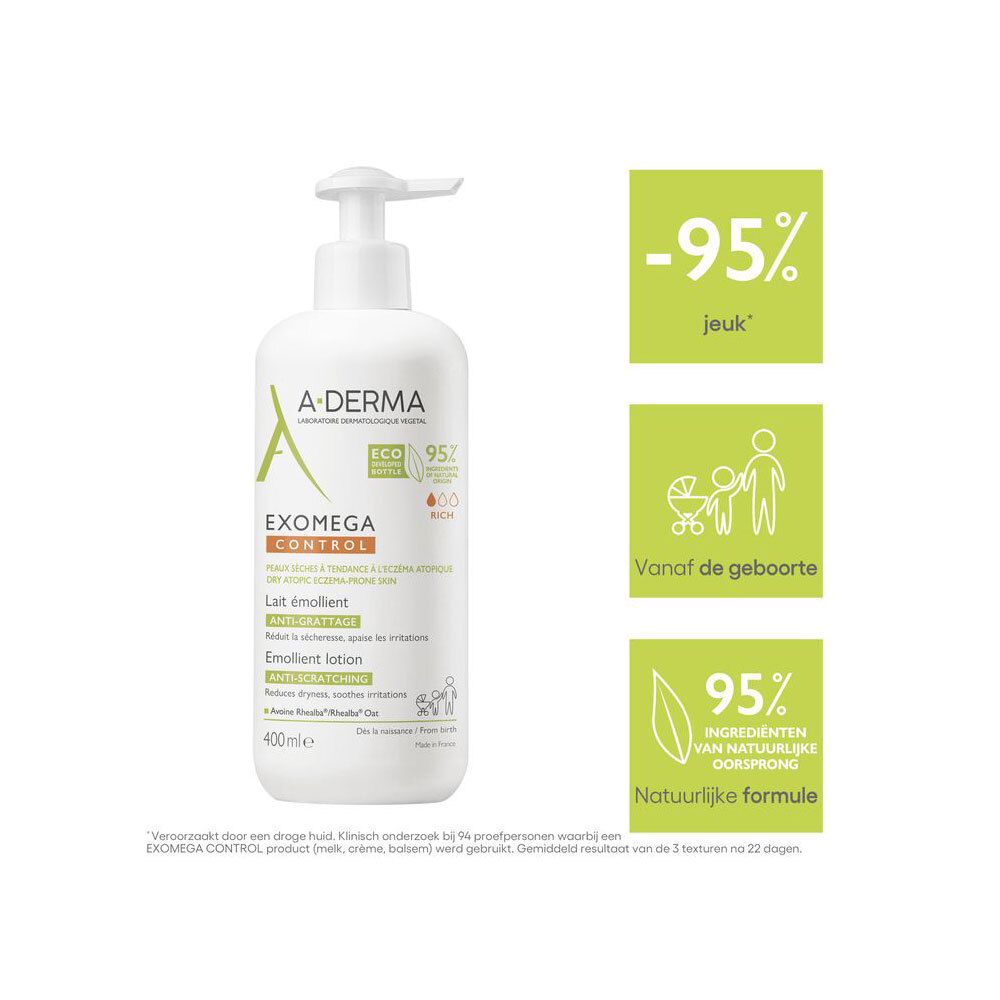 A-DERMA EXOMEGA CONTROL fles met tekst. -95% jeuk.