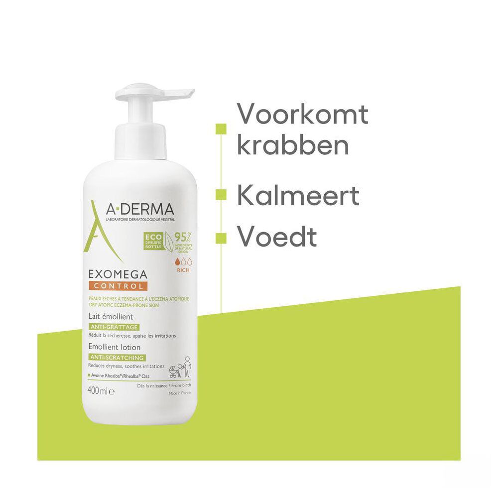 Achterkant van de A-DERMA EXOMEGA CONTROL fles. Tekst en logo's.