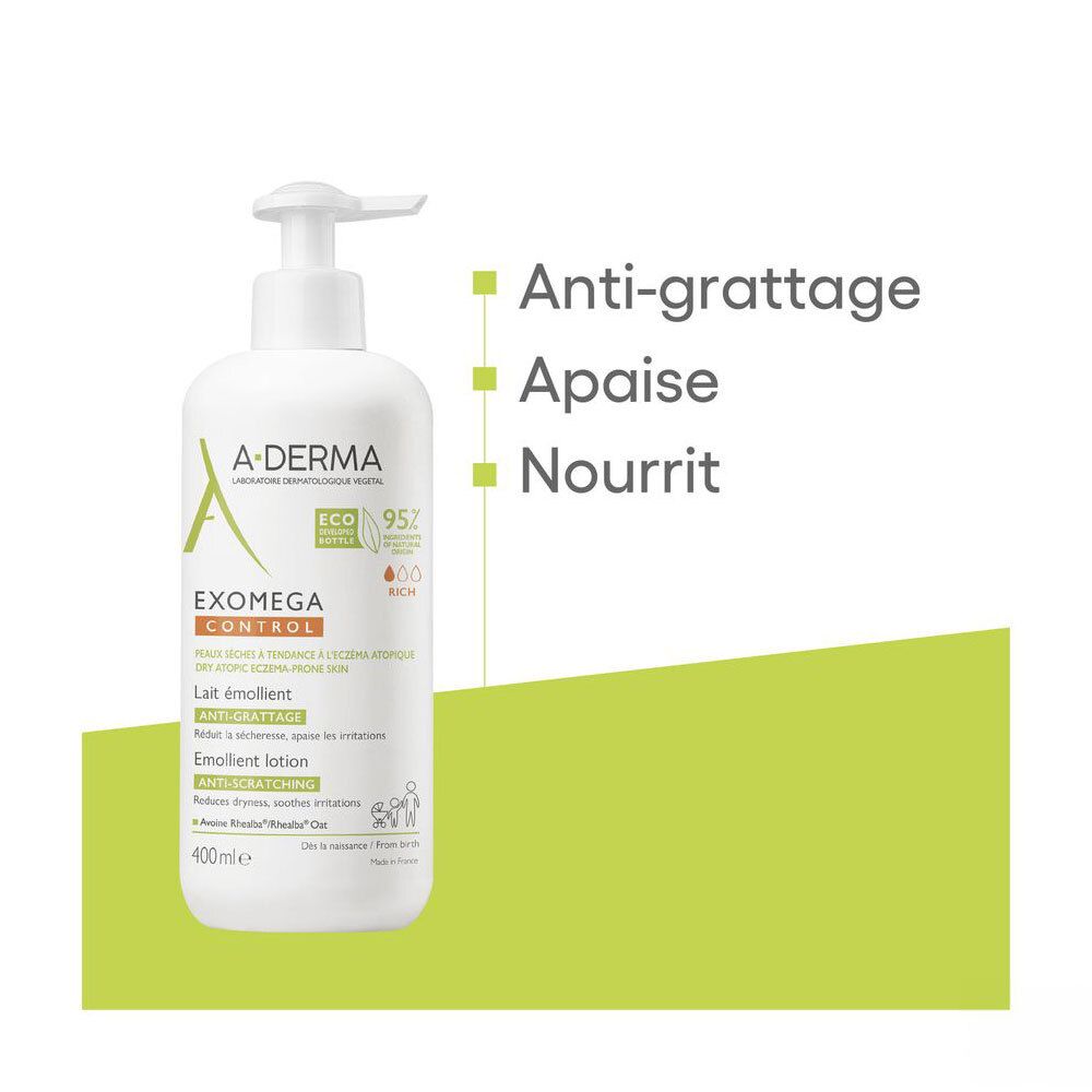 Flacon A-DERMA EXOMEGA CONTROL avec texte. Anti-grattage, apaise, nourrit.