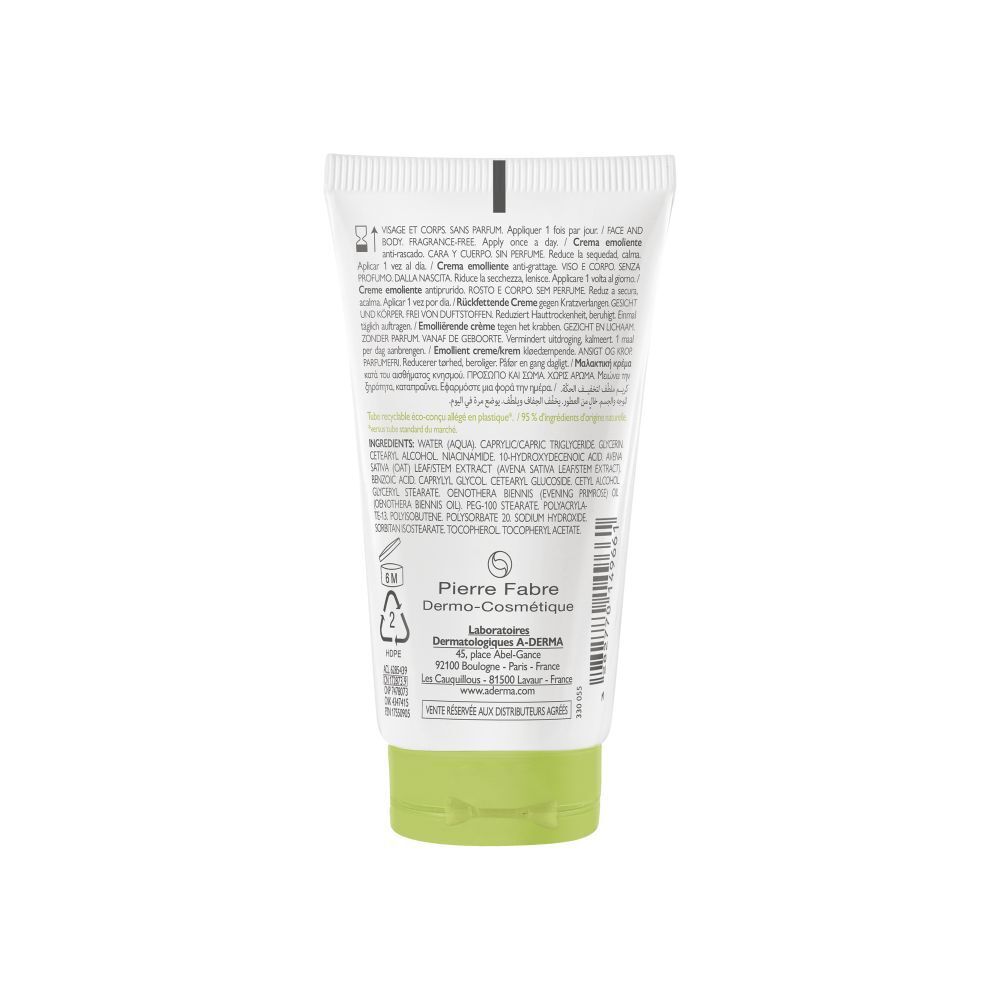 Tube blanc A-DERMA EXOMEGA CONTROL. Inscription et logo. 50ml. Embout vert.