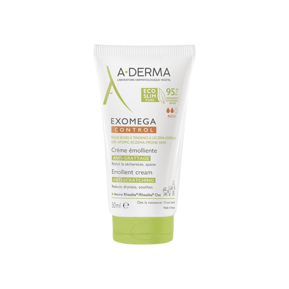 Tube blanche A-DERMA EXOMEGA CONTROL. Inscription et logo. 50ml. Embout vert.