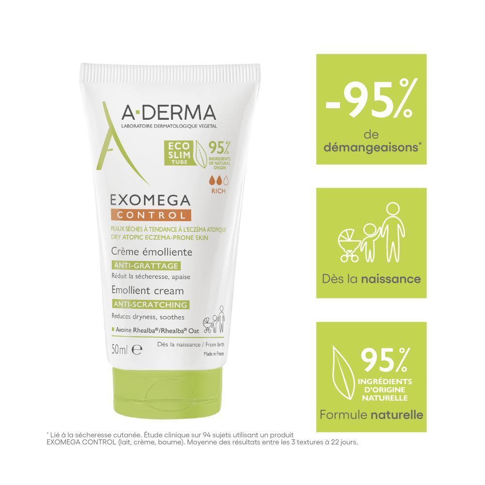 Dos du tube de crème A-DERMA EXOMEGA CONTROL. Texte, ingrédients, logo.