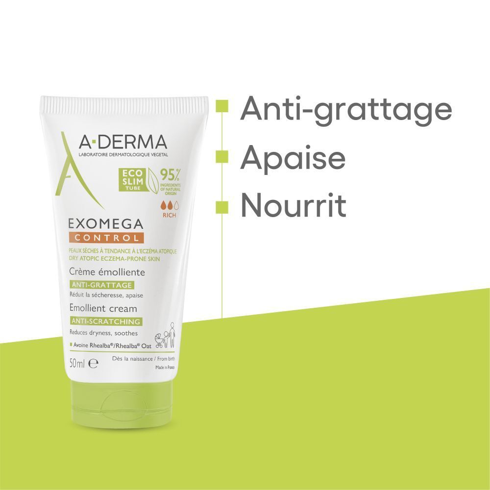 Tube de crème A-DERMA EXOMEGA CONTROL. Vue de face. Texte, logo, vert.
