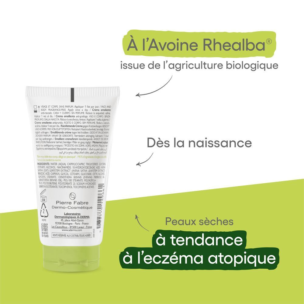 Crème A-DERMA EXOMEGA CONTROL. Texte, logo, vert. Graphiques supplémentaires.