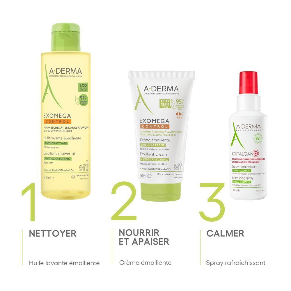 Crème A-DERMA EXOMEGA CONTROL. Texte, logo, vert. Graphiques supplémentaires.