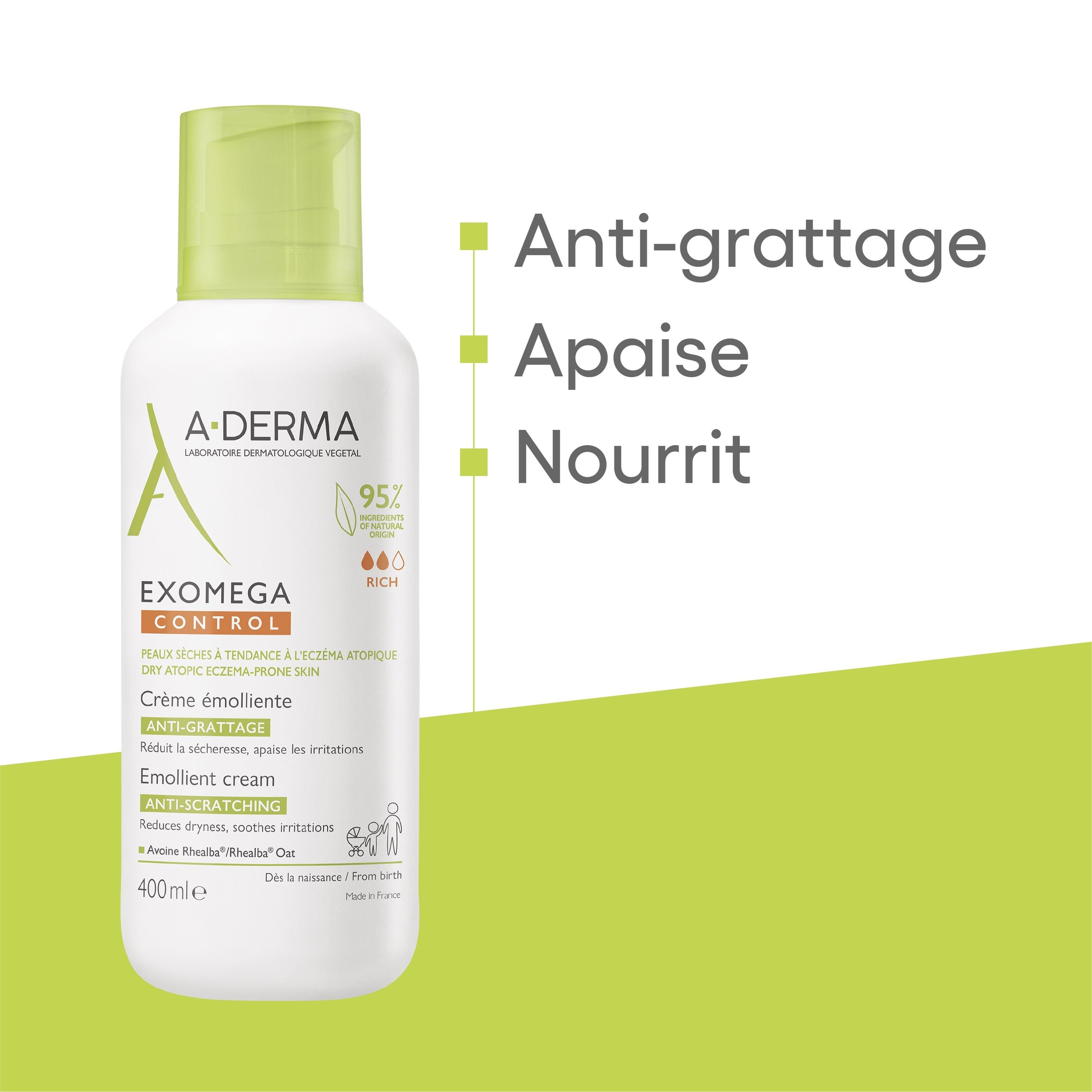 A-DERMA EXOMEGA CONTROL. Texte sur fond vert : Anti-grattage, Apaise, Nourrit.