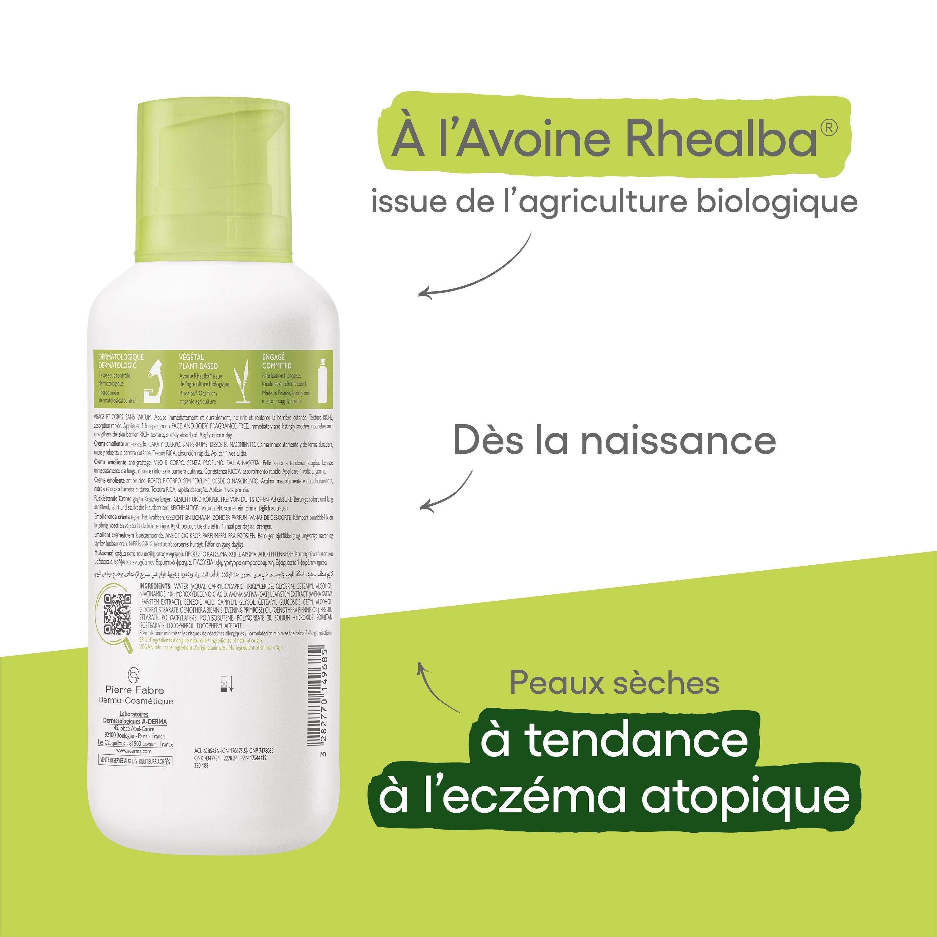 Dos du flacon A-DERMA EXOMEGA CONTROL. Texte : À l'Avoine Rhealba issue de l'agriculture biologique. Dès la naissance.