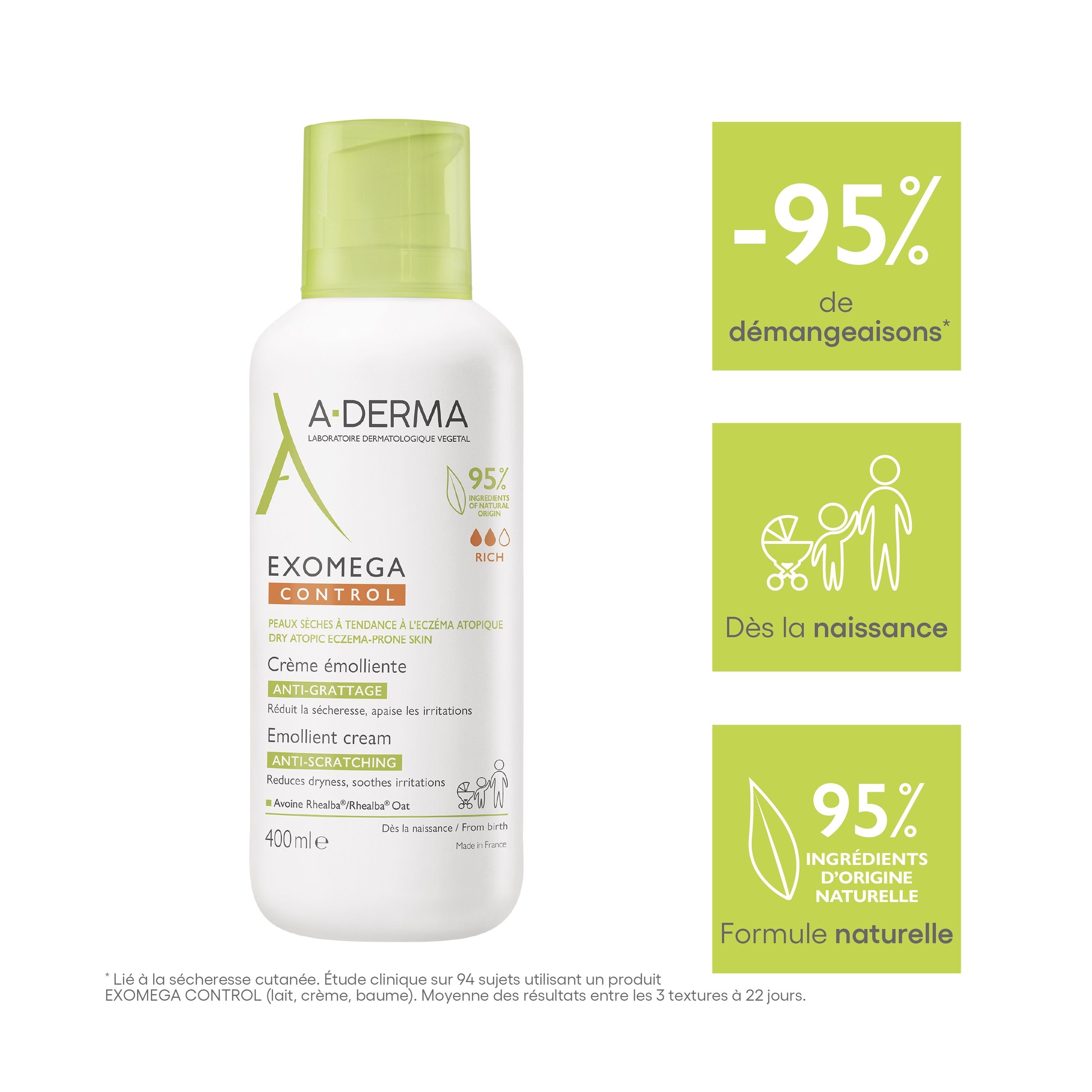 A-DERMA EXOMEGA CONTROL. Texte : -95% de démangeaisons. Dès la naissance. 95% d'ingrédients naturels.