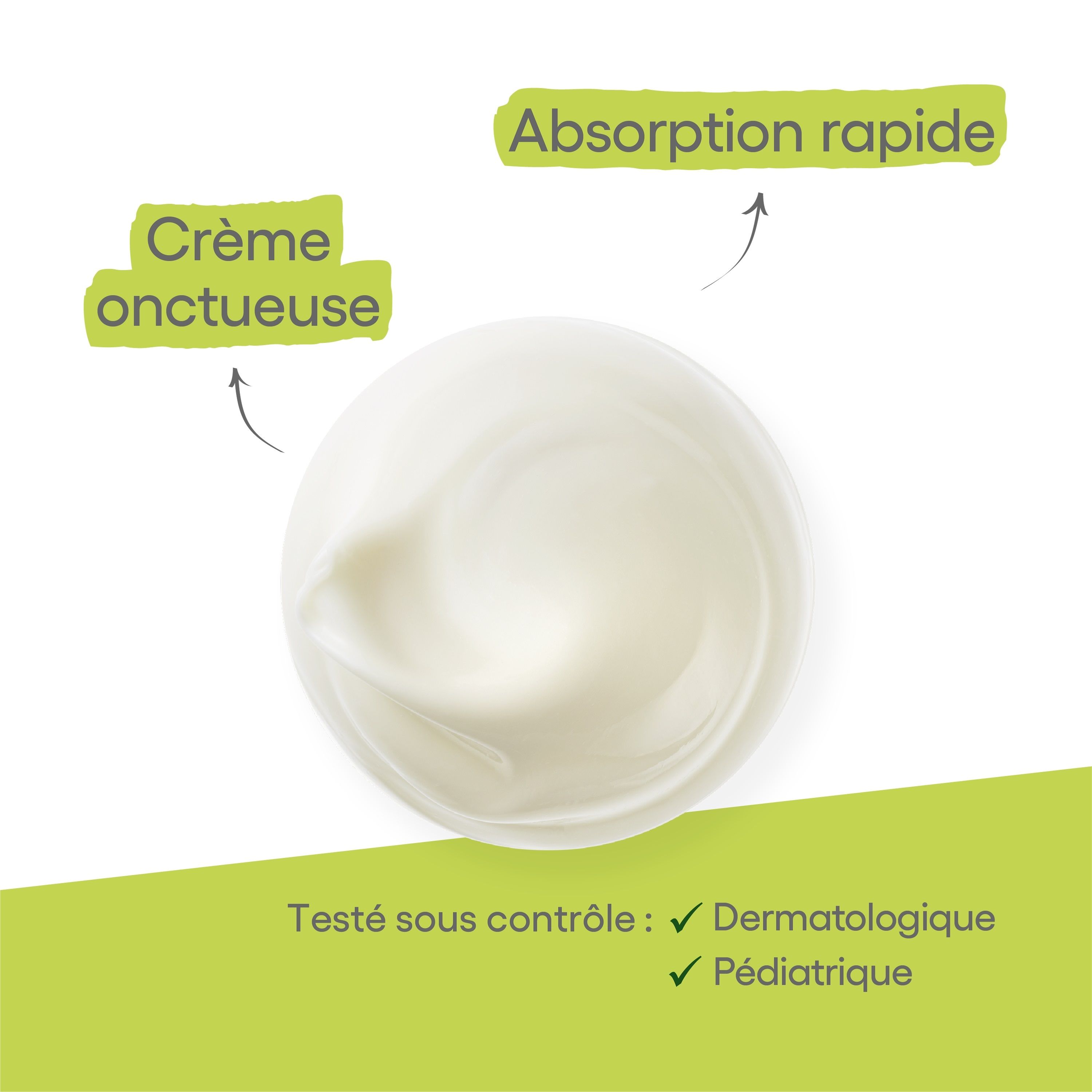 Gros plan de la crème A-DERMA EXOMEGA CONTROL. Texture crémeuse. Absorption rapide. Testé dermatologiquement et pédiatriquement.