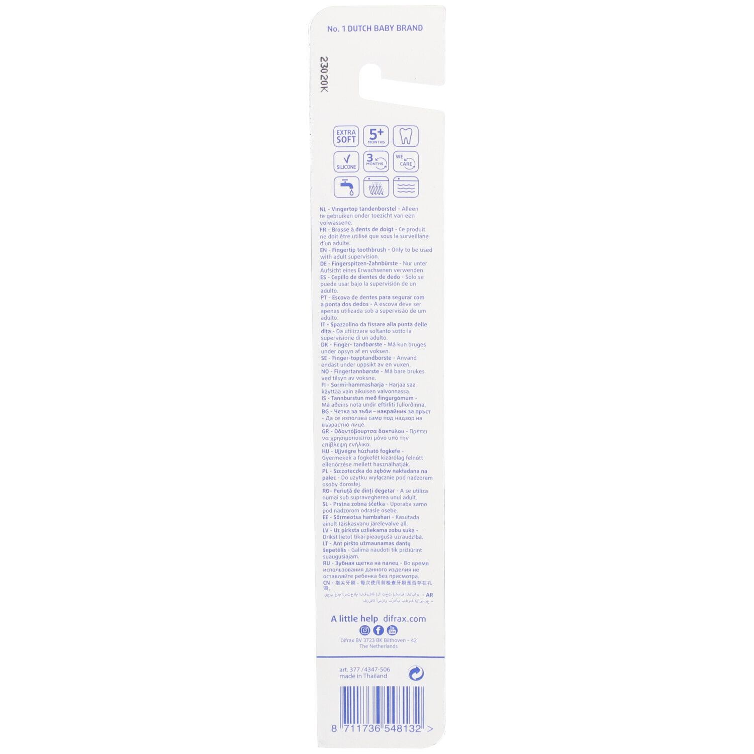 Dos de l'emballage de la brosse à dents doigt. Texte multilingue, logos et code-barres.