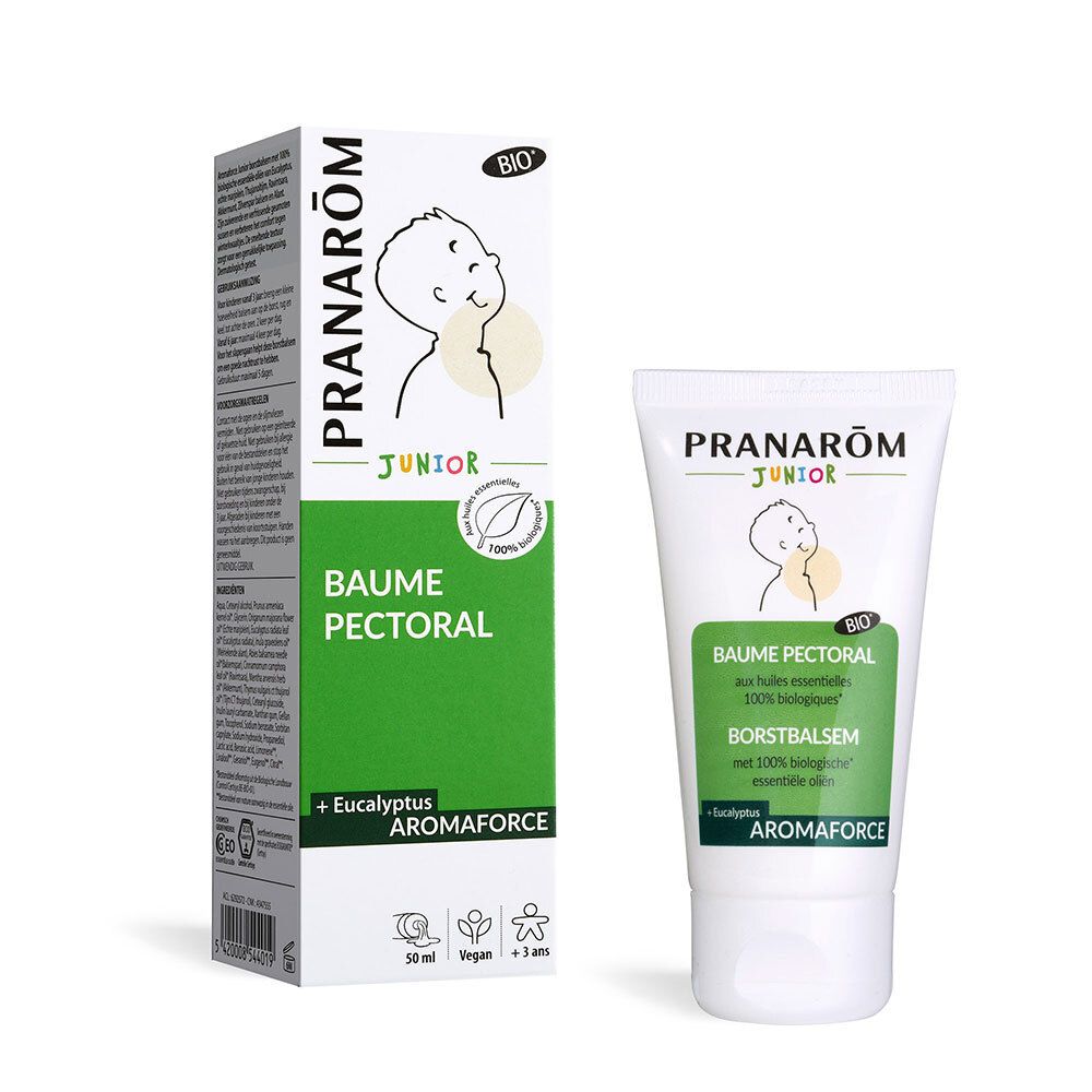 Tube blanc, étiquette verte. Inscription: Pranarôm Junior Baume Pectoral. Certification Bio. Aromaforce. Logo enfant.