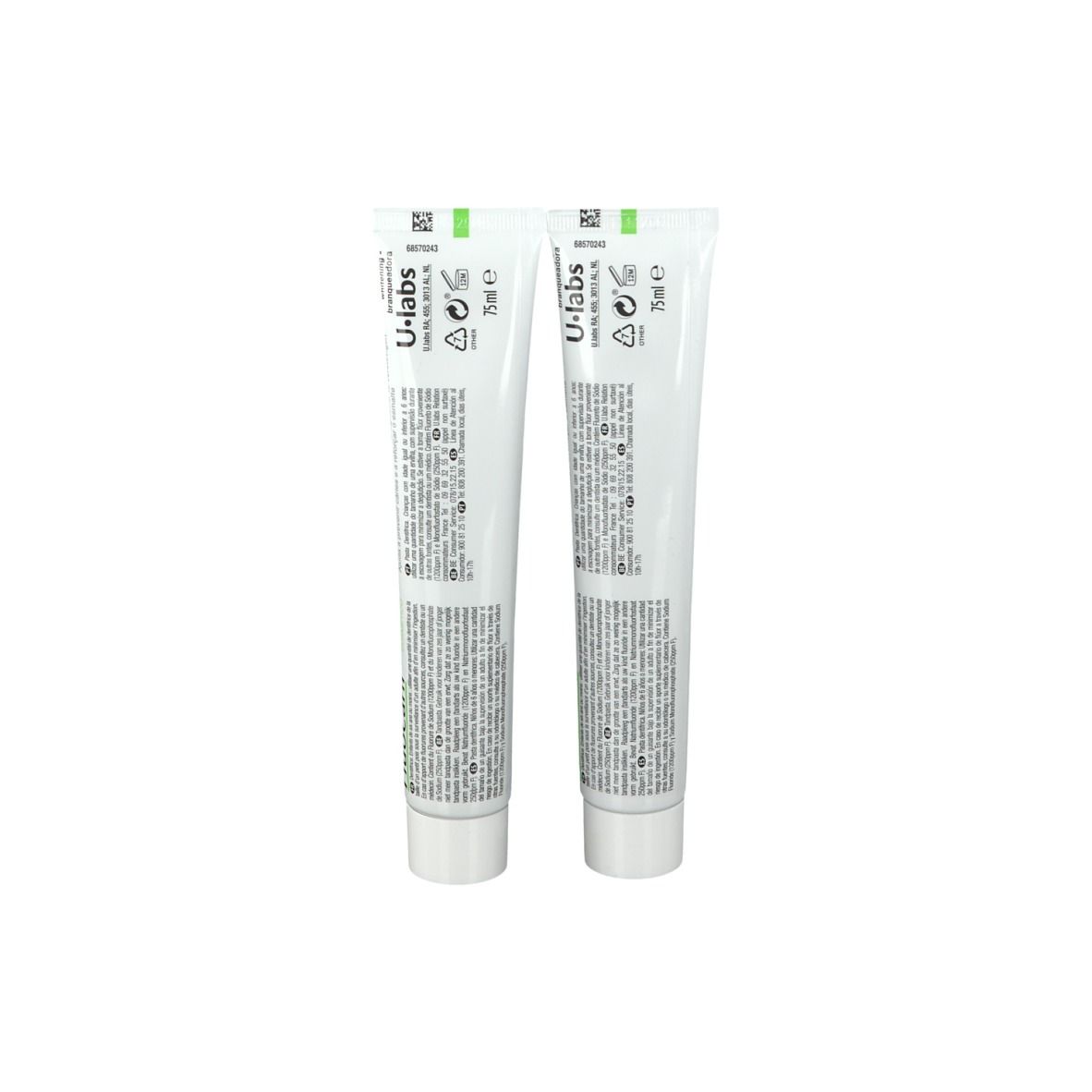 Twee tubes tandpasta U-labs 75ml.