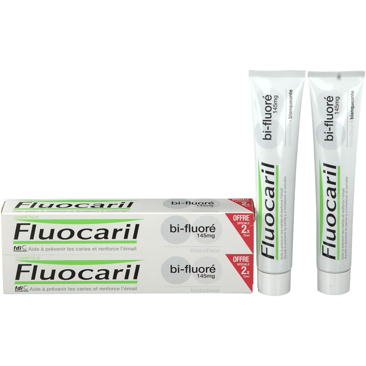 Twee tubes en twee dozen tandpasta Fluocaril bi-fluoré 145mg.