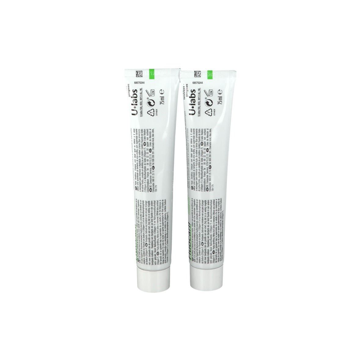 Deux tubes de dentifrice, dos. Tubes blancs avec inscriptions vertes et pictogrammes.