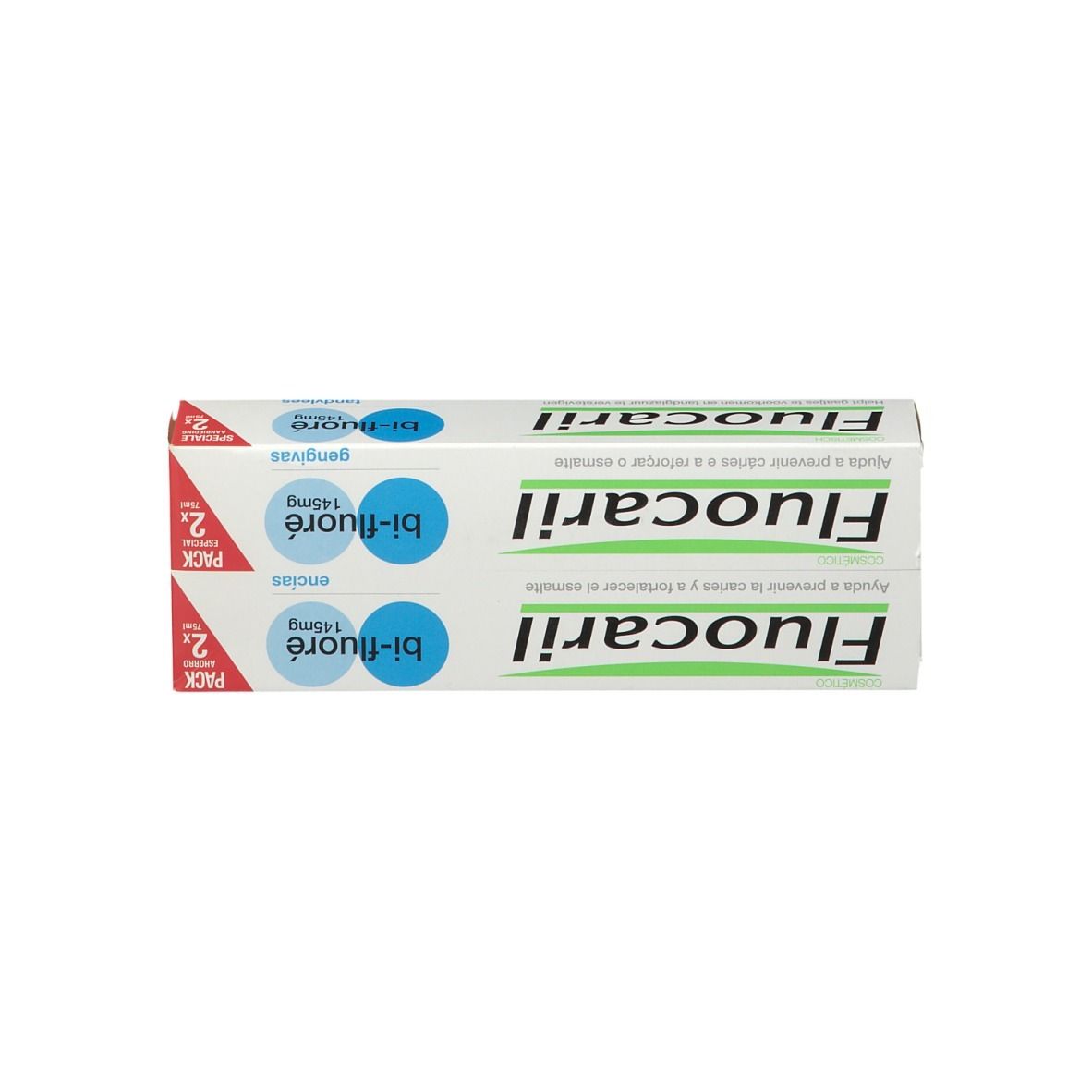 Emballage de dentifrice avec deux tubes. Emballage avec inscriptions bleues et vertes. Inscription: Fluocaril.