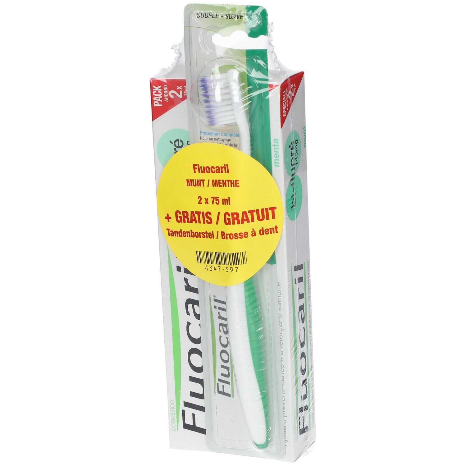 Verpakking met Fluocaril tandpasta en tandenborstel. Gele sticker met productinformatie. Groen-witte tandenborstel zichtbaar.