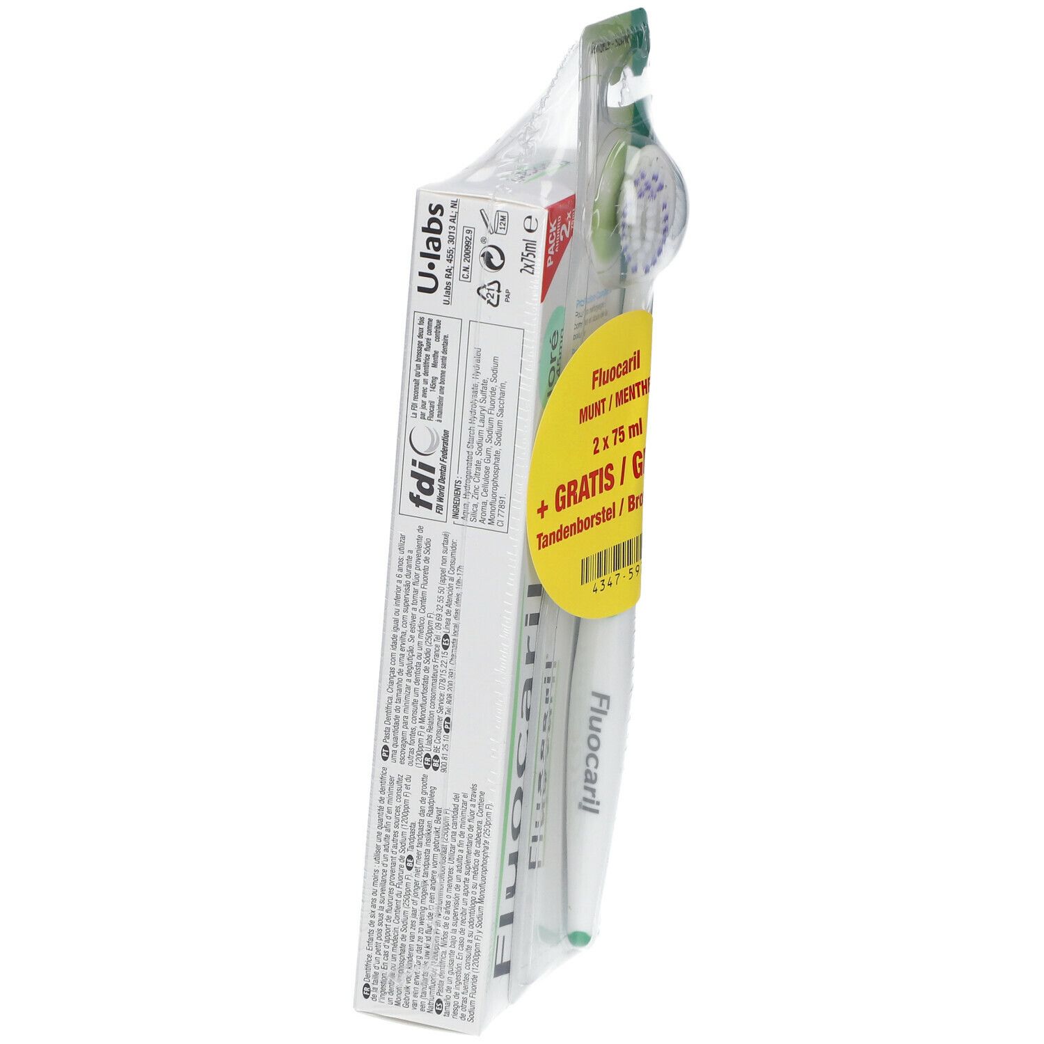 Verpakking met Fluocaril tandpasta en tandenborstel. Zijaanzicht. Productinformatie en logo's zichtbaar. Transparante verpakking.