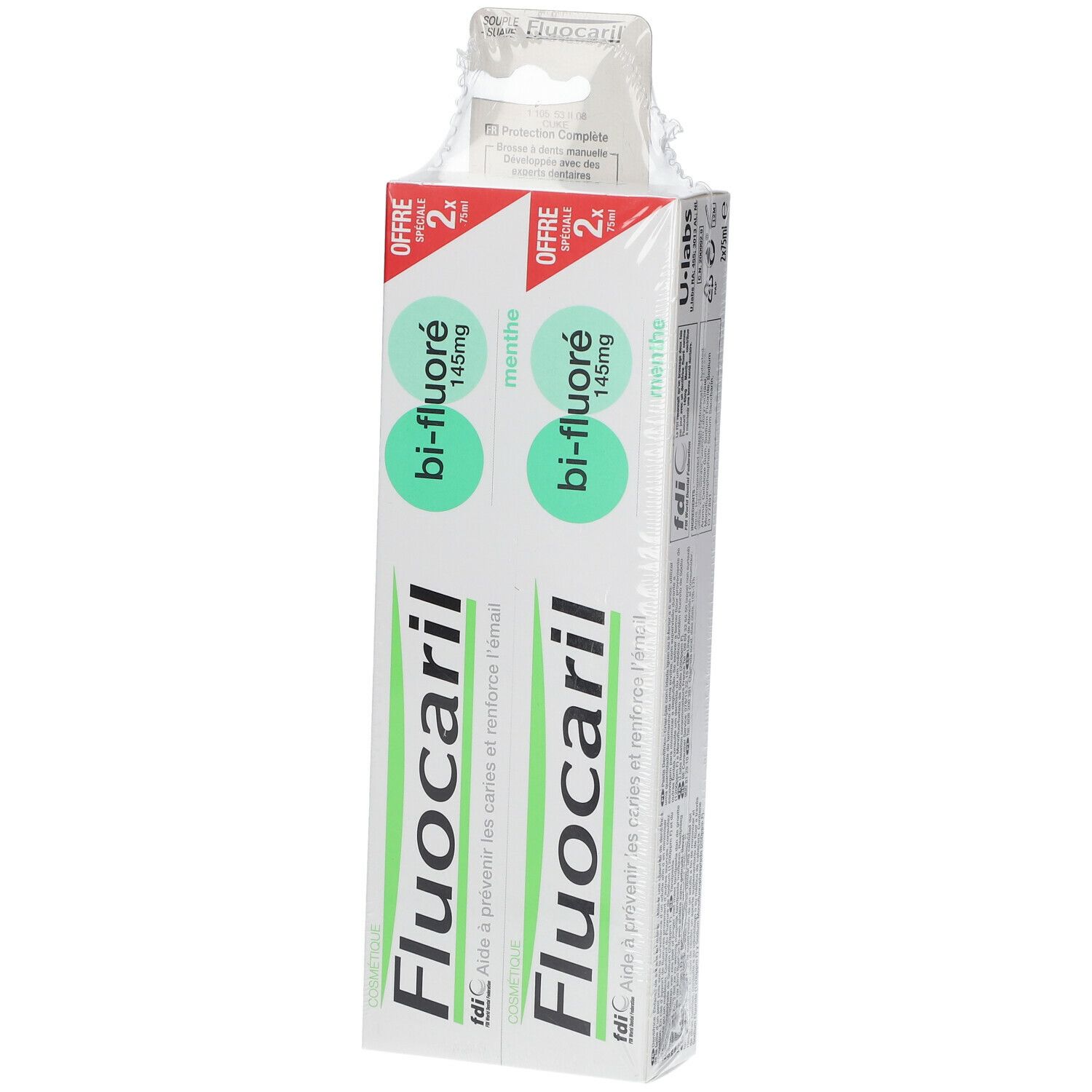 Twee tubes Fluocaril tandpasta in verpakking. Groene en witte kleurstelling. Productnaam en informatie duidelijk zichtbaar.