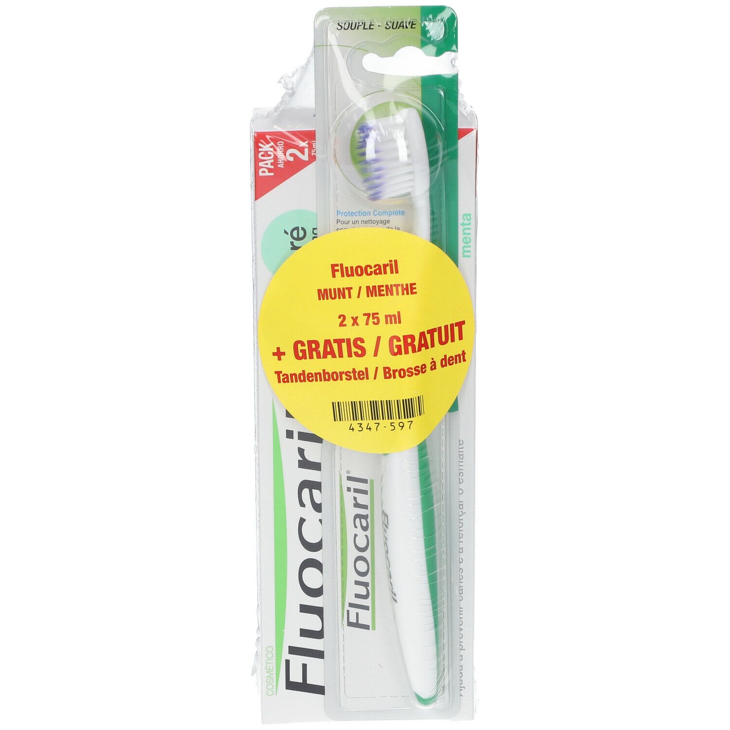 Verpakking met Fluocaril tandpasta en tandenborstel. Gele sticker met productinformatie. Groen-witte tandenborstel zichtbaar.