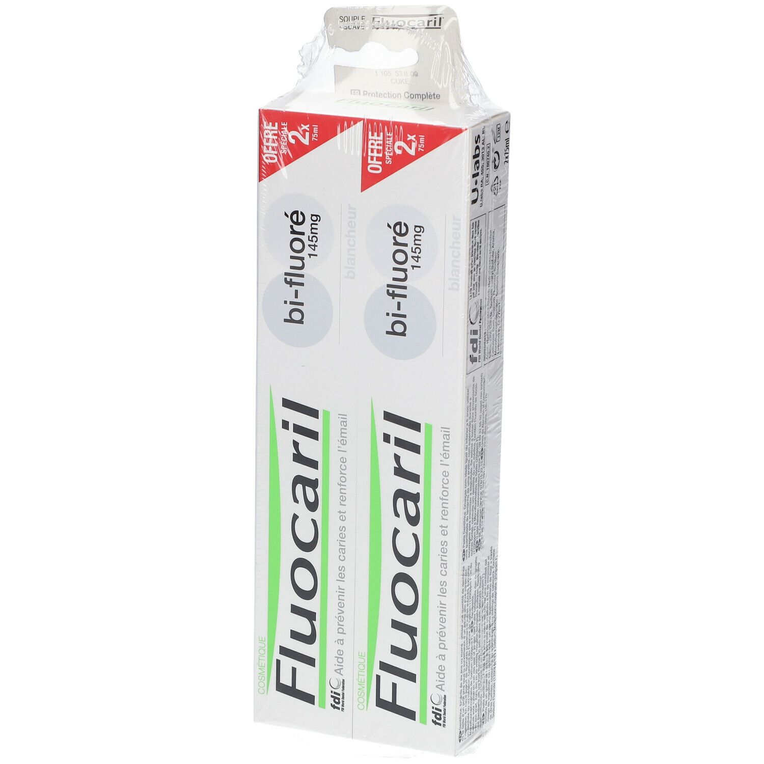 Twee tubes tandpasta in een verpakking. Opdruk: Fluocaril, bi-fluoré 145mg. Met opschrift 'Offre'.