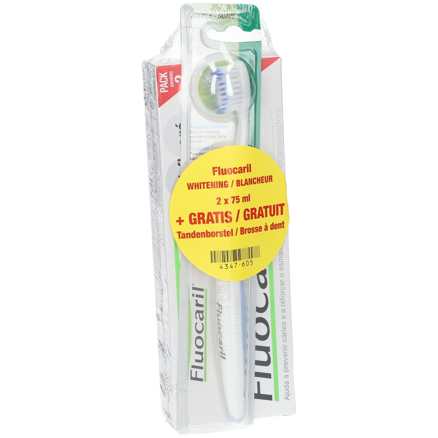 Verpakking tandpasta en tandenborstels. Bevat twee tandenborstels en twee tubes tandpasta. Gele sticker met productinfo.
