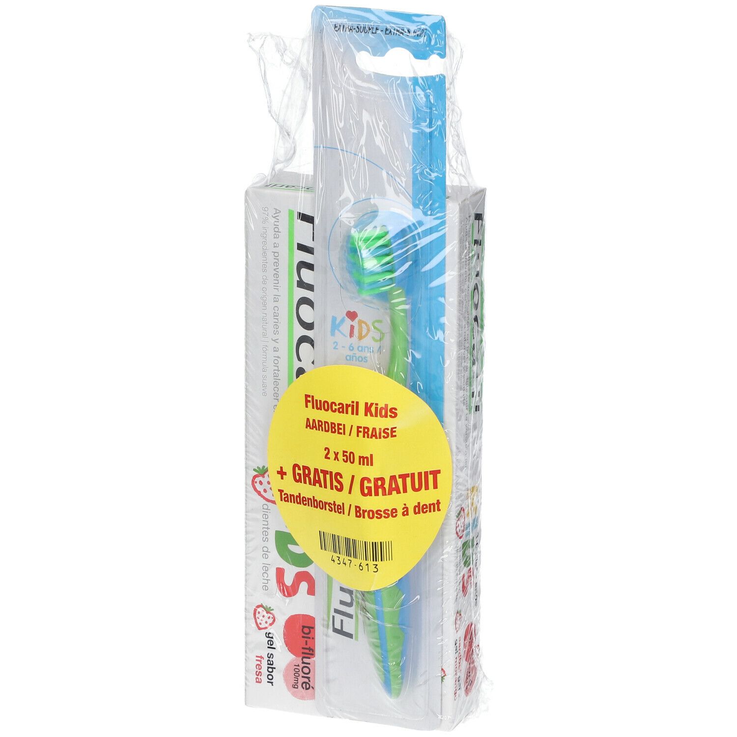Verpakking met tandpasta en tandenborstel. Gele sticker met productnaam en "GRATIS".